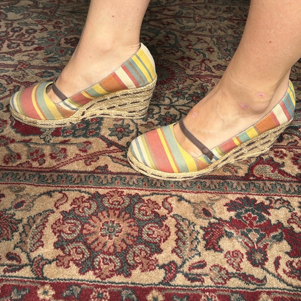 Espadrille Wedge Heel Canvas Shoes MultiStriped Size 10 BoHo Y2K MaryJane